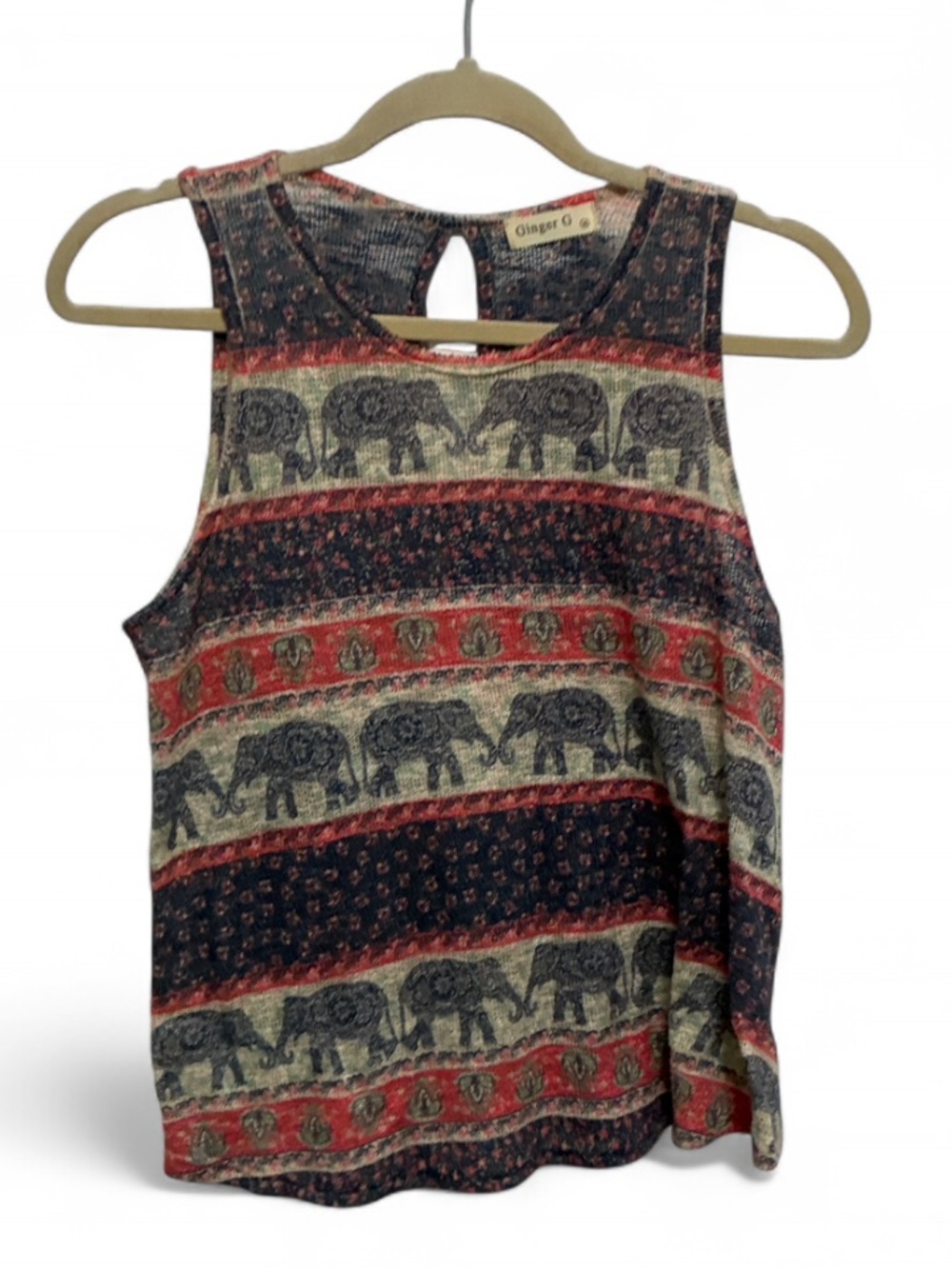 Ginger G Boho Striped Elephant Print Tank Top - Navy, Cream, Red